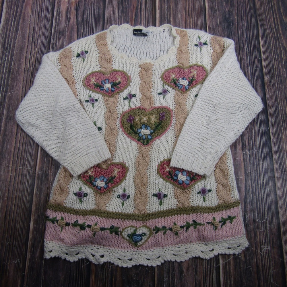 Beldoch Popper Sweater Women Small Cream Heart Floral Vintage Granny Scallop Hem